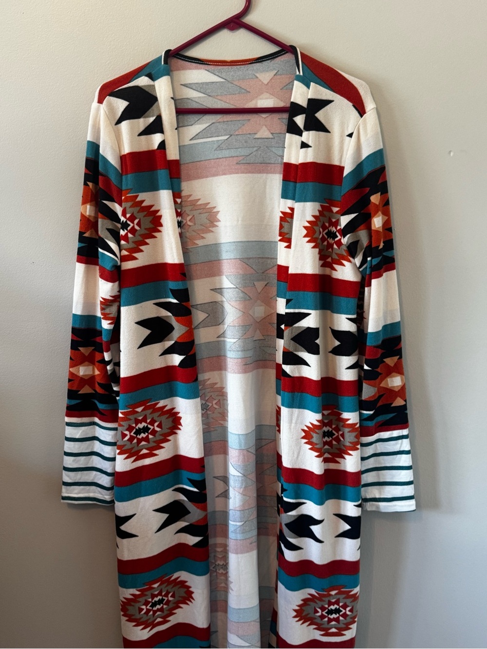 Open-Front Aztec Print Cardigan Sweater - White & Teal
